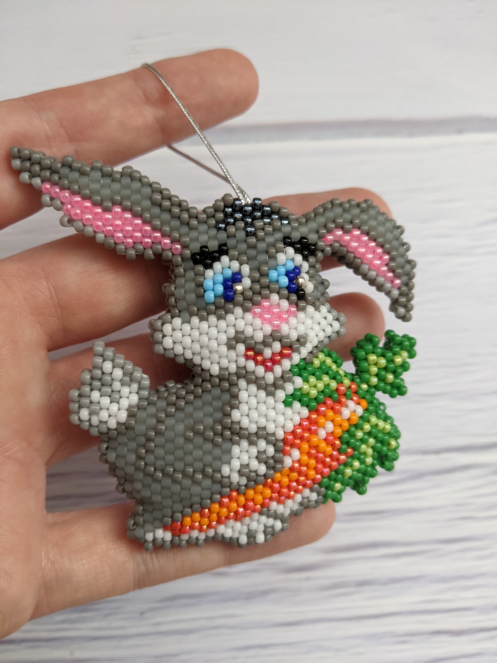 Handmade Gray Bunny Beaded Ornament with Carrot